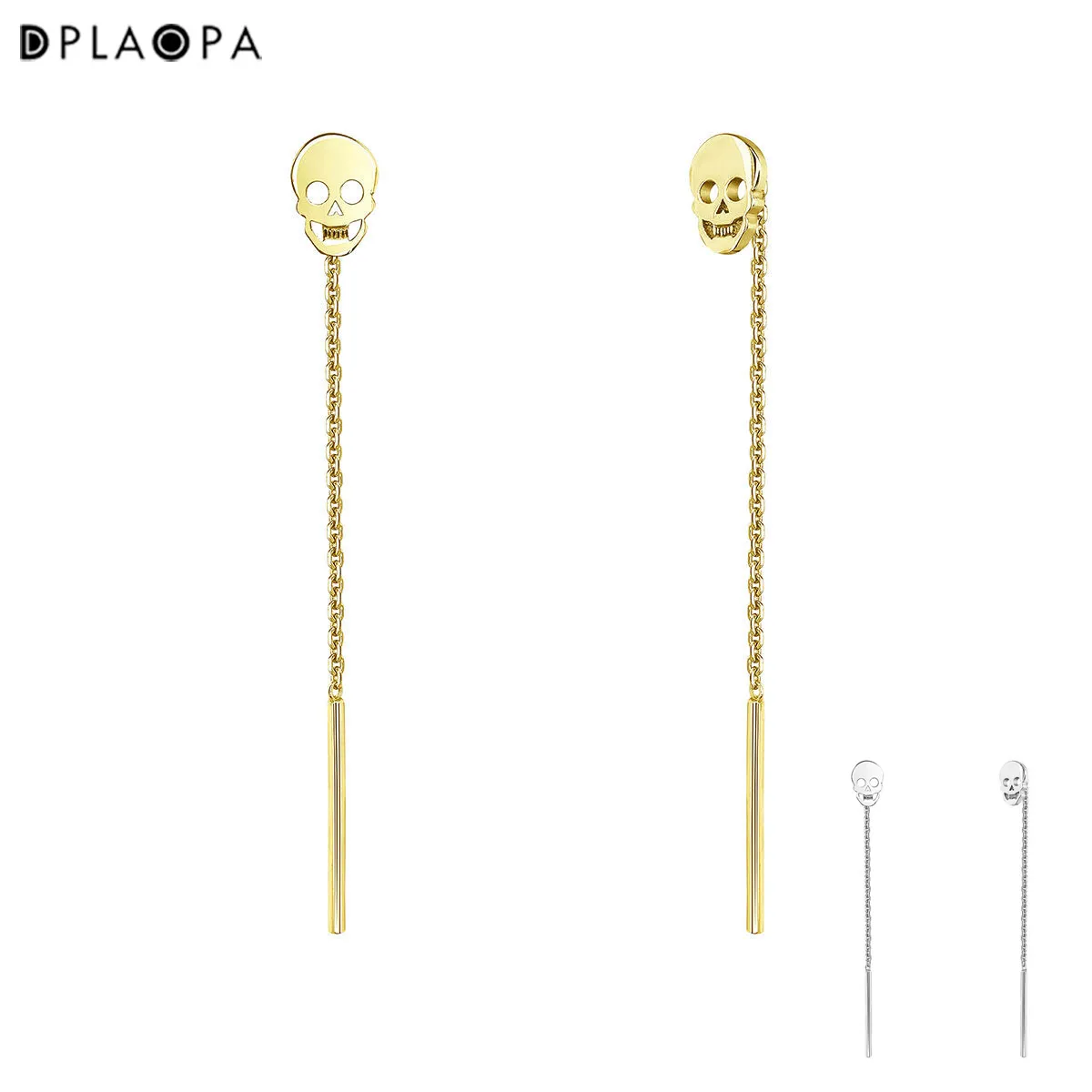 

DPLAOPA 925 Sterling Silver Gold Coated Silver Skull Long Chain Earrings 2021 Wedding Party Luxury Jewelry Clip Pendiente