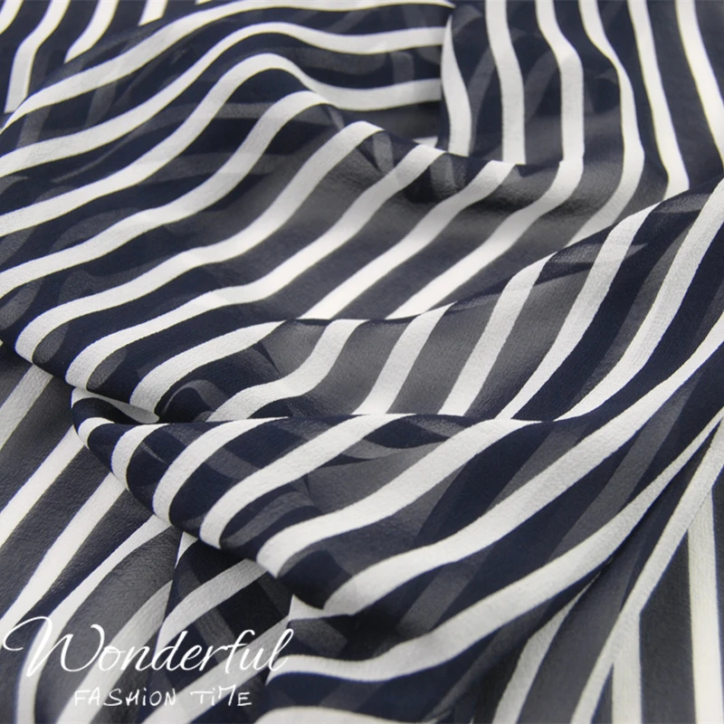 

Silk Georgette Chiffon Fabric Dress Vertical Stripes White 0.6cm/Navy Blue Black 1cm Skirt Shirt DIY Patchwork Tissue