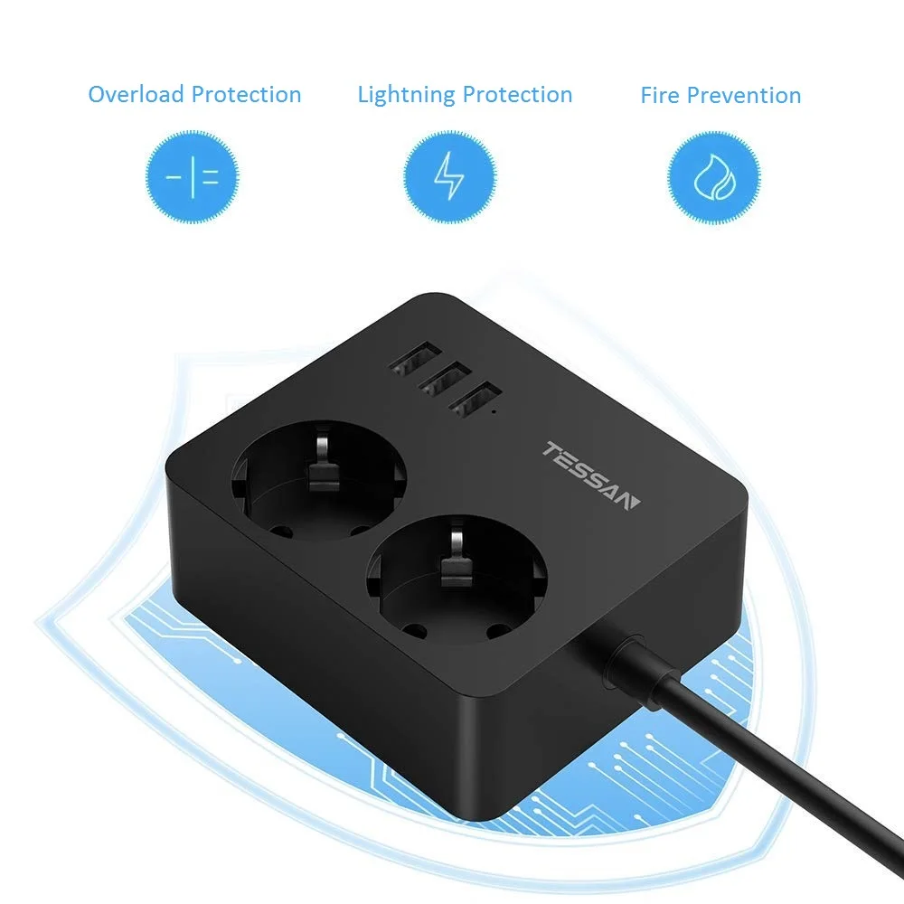 

TESSAN Power Strip with Swtich EU Plug 2 Outlets 1.5M/6.5ft Extension Cord and USB Socket for Home/Office/Travel