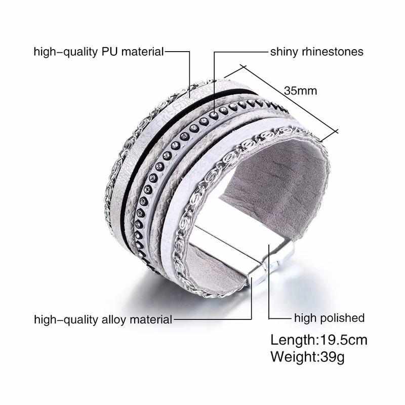Винтажные женские браслеты из искусственной кожи с камнями широкий массивный