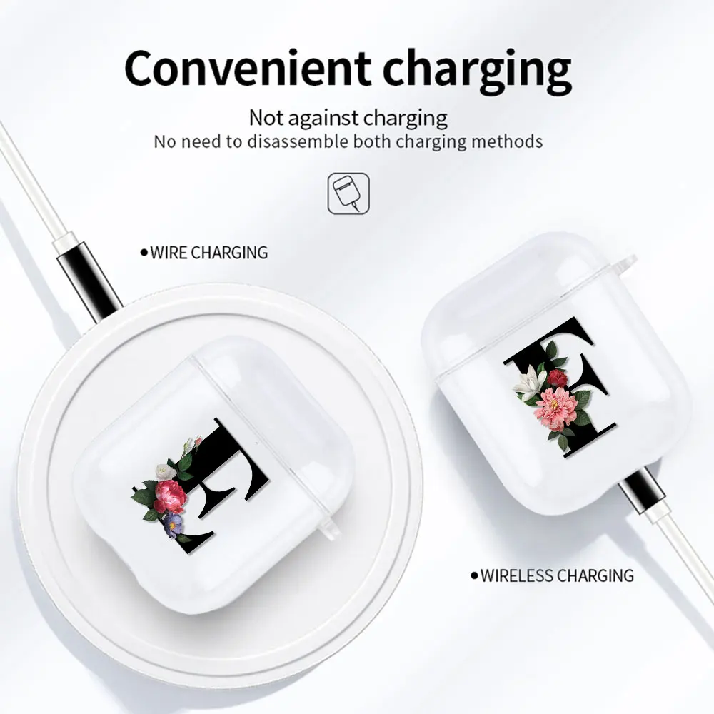 

Case For AirPods 1 2 Transparent Soft Clear Protector for Apple Airpods Charging Box TPU Cover Earphone Thin Letters flowers