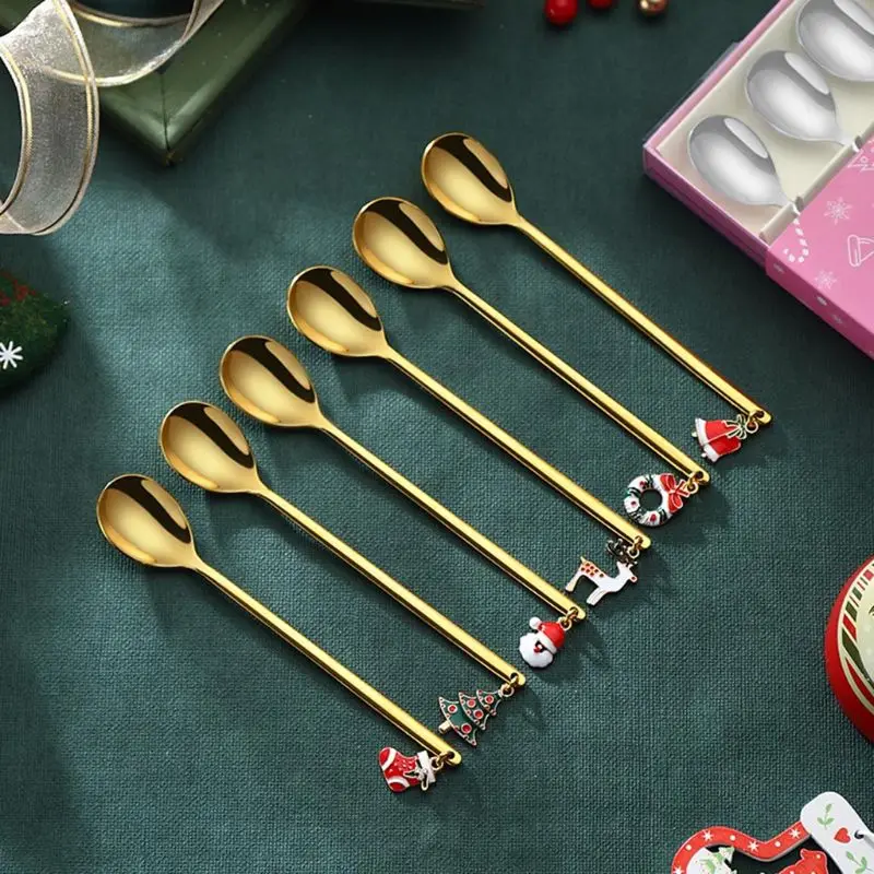 

6PCS Stainless Steel Spoon Set Christmas Coffee Spoon Ice Cream Soup Sugar Dessert Teaspoons Mixing Stirrer Kitchen Tableware