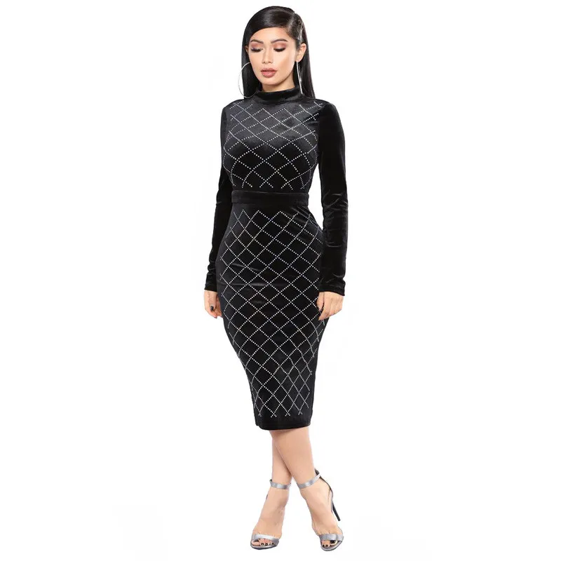 Зимнее бархатное платье с длинным рукавом стразы знаменитости облегающее миди