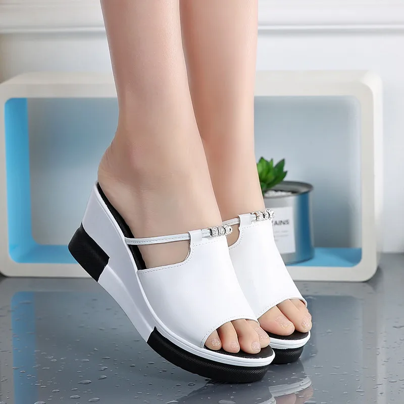 

TIMETANGSummer Women platform slippers Sandals Shoes Woman slip on Open Toe flip flop white genuine leather wedge beach sandals