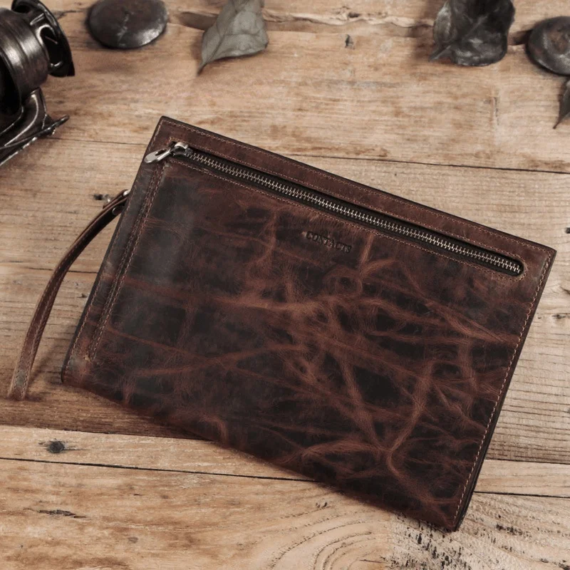 

New Design crazy horse genuine leather men wallet can hold 9.7 iPad men's business handbag wristlet luxury holographic purse