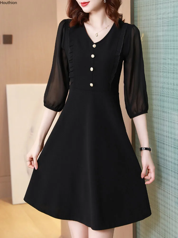 

Women Dresses New Fashion Casual Loose Solid Office Lady A-LINE Button V-Neck Women's Dress Plus Size Knee-Length 20058