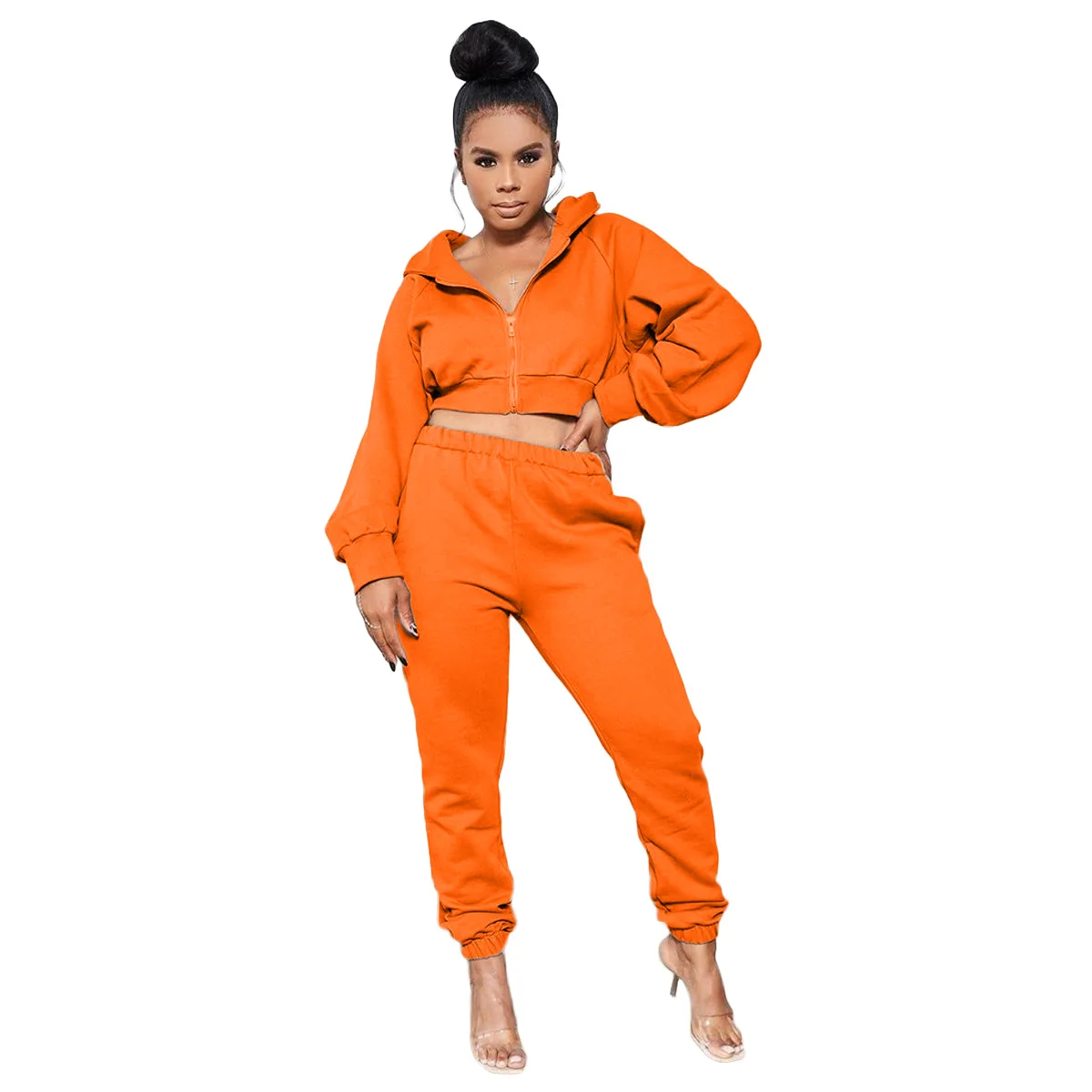 

European beauty sweater pure color fashion casual sports two-piece suit