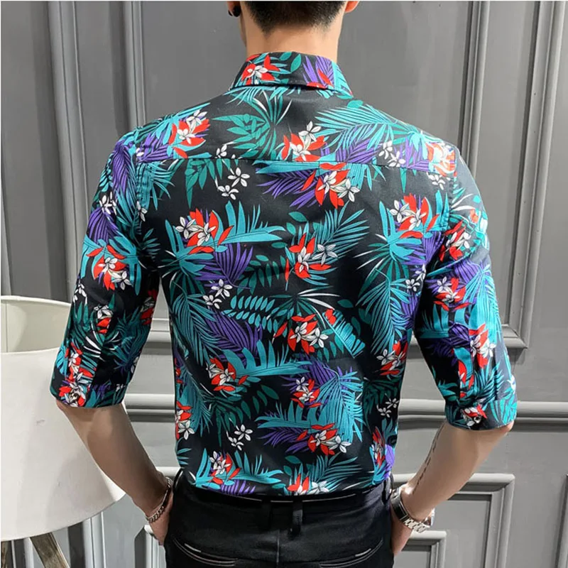 

Europe Men Shirt Three Quarter Sleeve Flower Print Shirts Male Fashion Streetwear Slim Fit Thin Camisa Masculina Brand Clothing