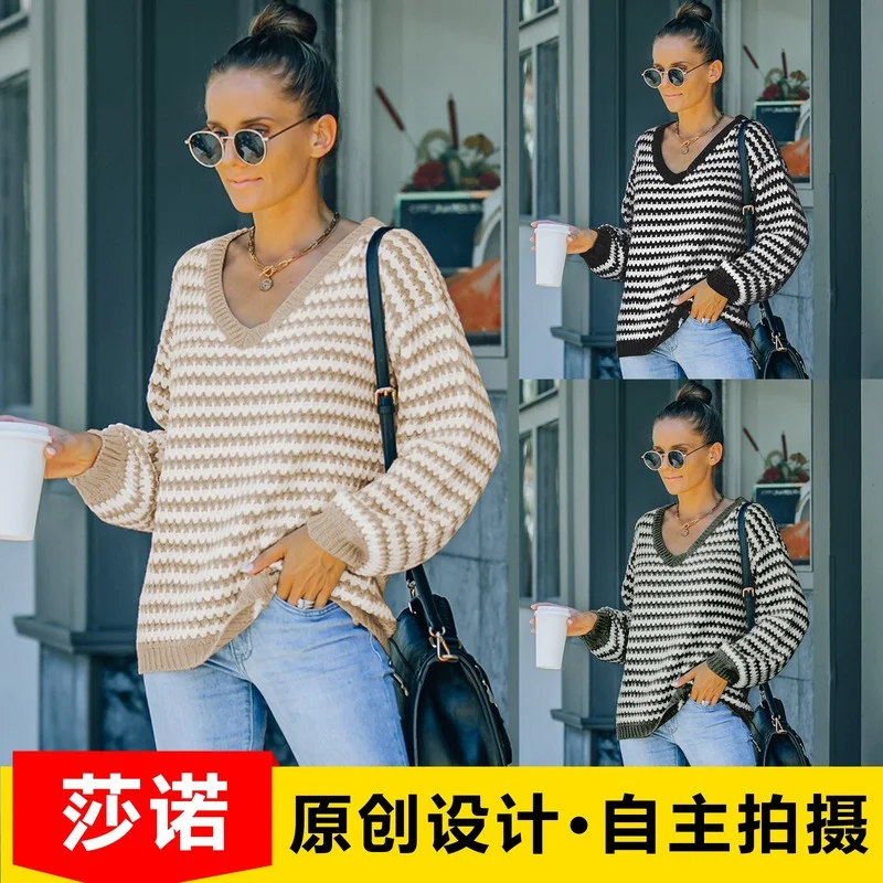 

Осень-зима 2021, модный тонкий свободный свитер с V-образным вырезом, пуловер, свитер