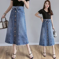2021 new denim skirt women summer korean style single breasted high waist slim fit a line midi skirts casual streetwear