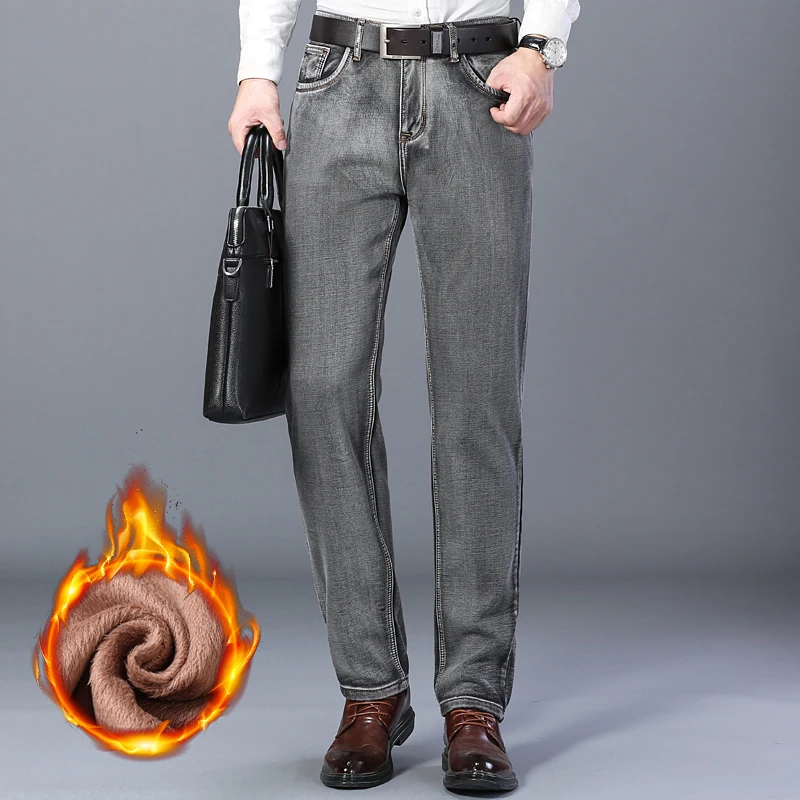 

Winter New Men's Jeans Fleece Thick Warm Gray Business Office Fashion Slim Stretch Denim Trousers Male High Quality