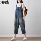 Женский джинсовый комбинезон #0316, Свободный комбинезон до щиколотки с широкими штанинами, винтажный комбинезон с потертостями и карманами, регулируемый Дамский комбинезон большого размера с узором
