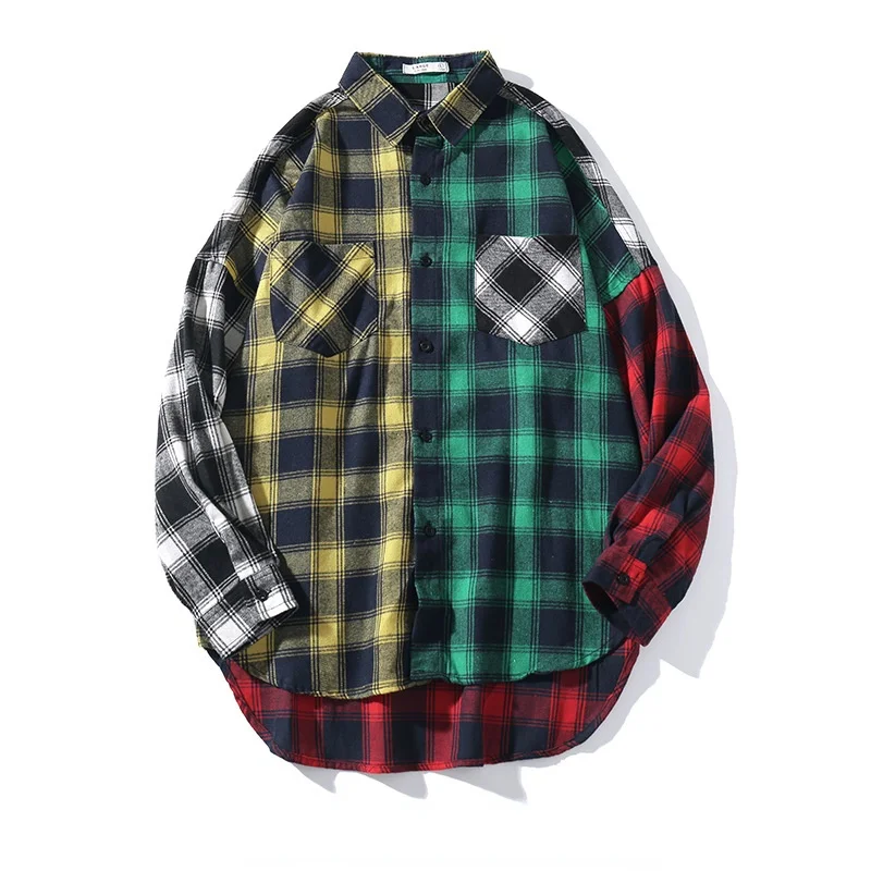 

KANNISAK Brand New Contrast Color Oversize Mens Shirts Plaid Long Sleeves Streetwear Green Red Shirt for Men/womens Harajuku Top