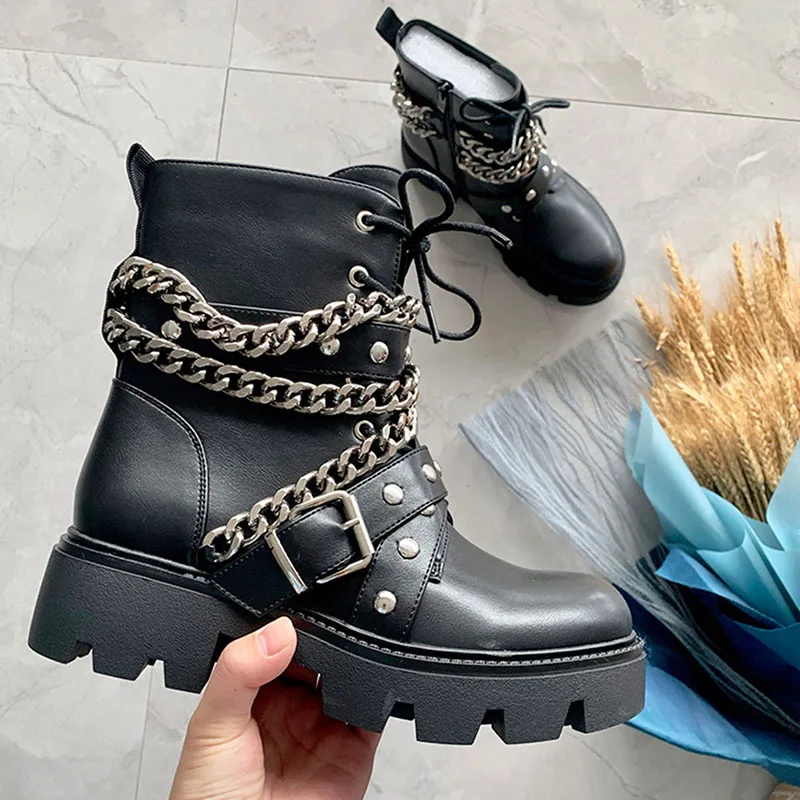 

KemeKiss Ladies Motorcycle Boots Metal Chain Chunky Ins Street Woman Shoes Autumn Ankle Boots Fashion Woman Shoes Size 36-41