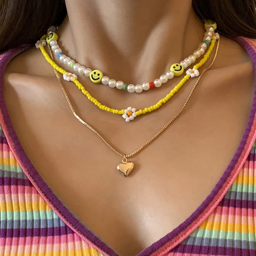 

Bohemian Multi-layer Hand-woven Beaded Chain Necklace for Women Smiling Face Heart Pendant Pearl Chain Choker Party Jewelry