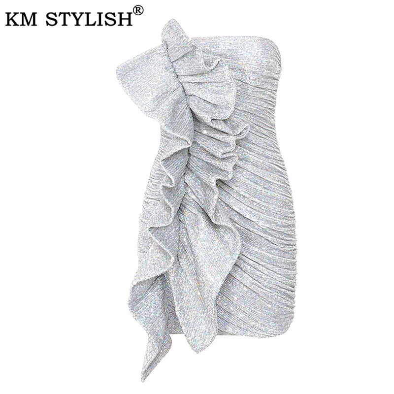 КМ СТИЛЬНЫЙ 2019 Женская Одежда Vestidos Ruffles Платье Новой Моды Сексуальный Пайетки Труба Верхнее Коктейльная Вечеринка Bodycon Сумка Бедро.