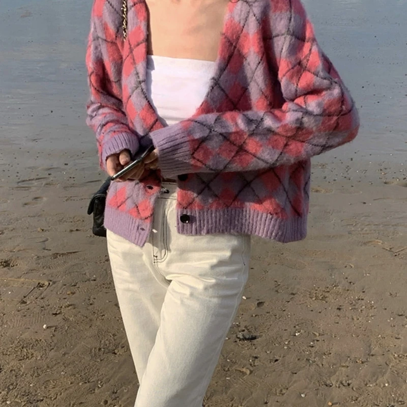 

Women Autumn Fuzzy Knit V-Neck Button Cardigan Argyle Plaid Loose Sweater Coat N58F