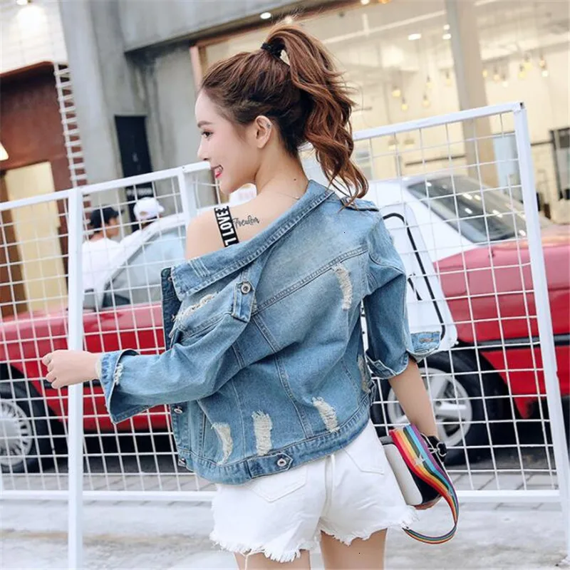 Jeans Jas Vrouwen Casacos Feminino Slim Ripped Gaten Denim Femme Elegante Vintage Bomberjack Basic Jassen |