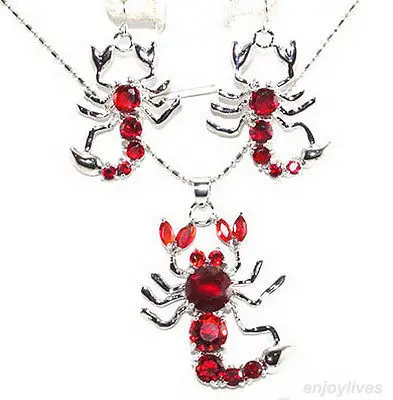 Серьги и ожерелье с подвеской в виде скорпиона из красного розового синего