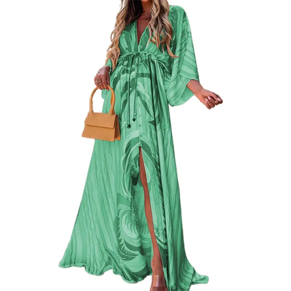 

Women Autumn Floor-length Dress V Neck High Elastic Waist Slit Batwing Sleeve Printing Ladies Maxi Beach Dress