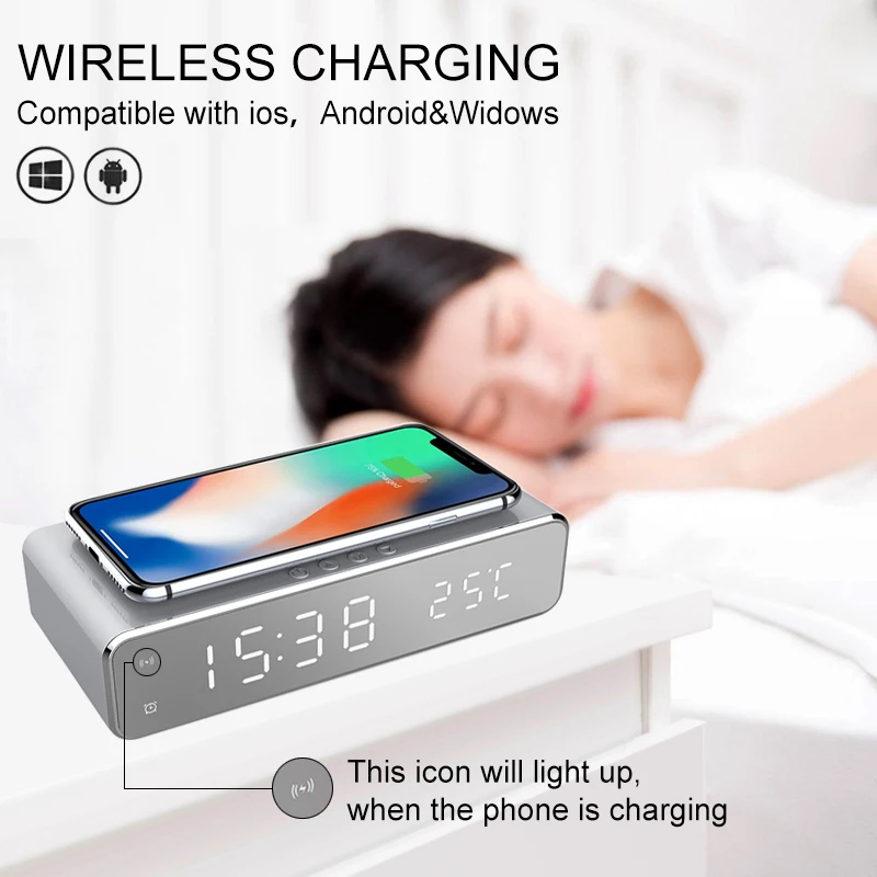 LED Electric Alarm Clock With Phone Android/IOS Wireless Charger Desktop Digital Thermometer Clock HD Mirror Clock With Date 24H