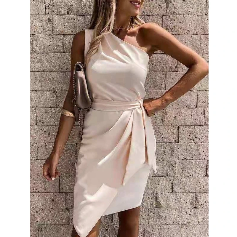 

Lugentolo 2021 Summer Dress Women Solid Color Sleeveless Oblique Shoulder Irregular Strappy Party Dress
