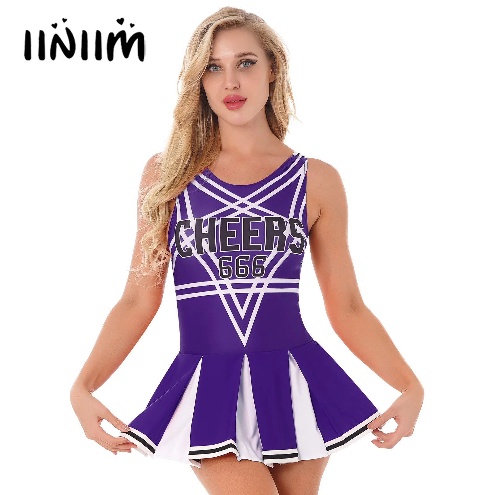 

Womens Schoolgirl Cosplay Costume Cheerleading Uniform Letter Printed Crisscross Back Pleated Dress for Stage Performance