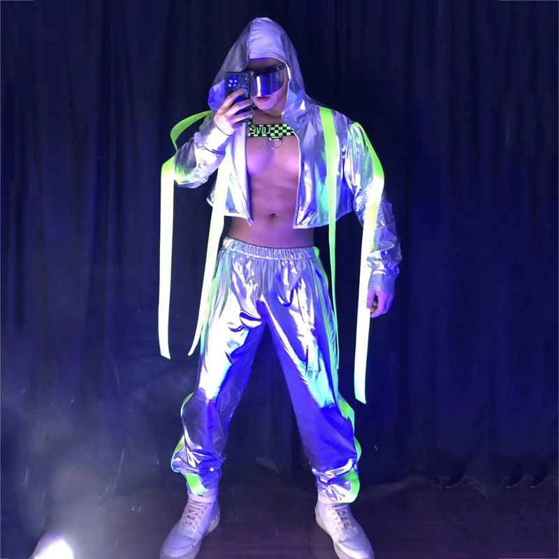 Silver Futuristic Technology Set Men Sexy Gogo Costume Nightclub Bar Fluorescent Outfit Reflective Hooded Jacket Pants XS2669 images - 3