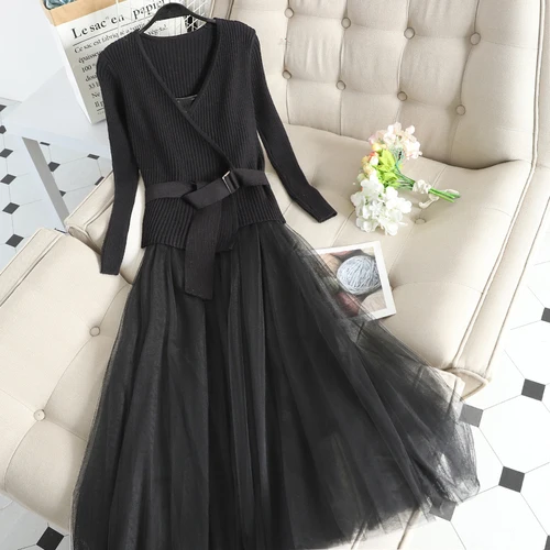 black Neploe осень зима маленький аромат кружева Camis лоскутное Средний длинный трикотажный свитер платье два вида Женский комплект элегантный 46695 - Цвет: black