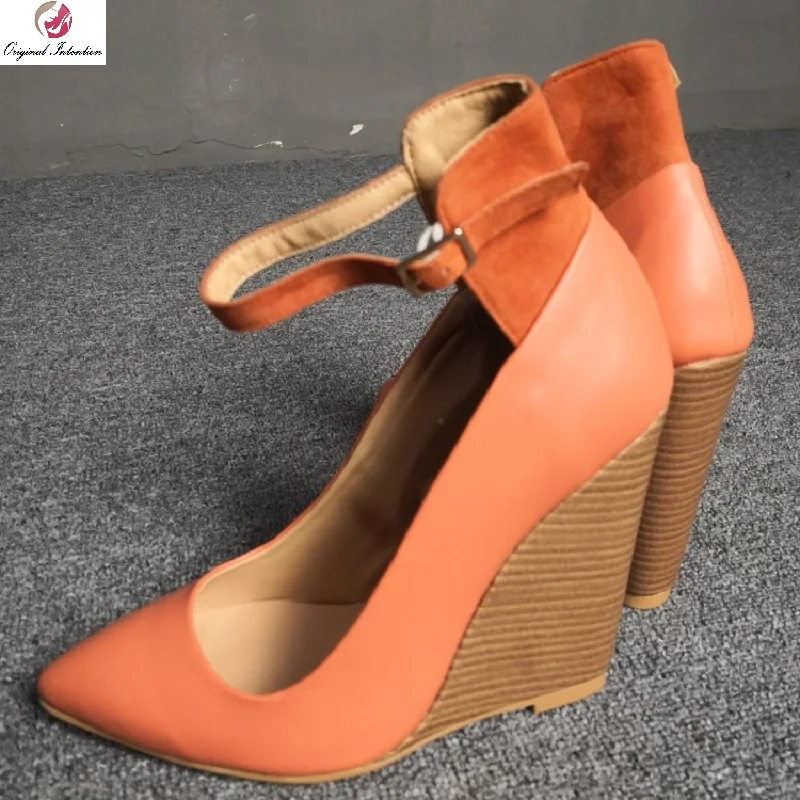 

Original Intention Elegant Women Pumps Pointed Toe Wedges Pumps Fashion Ankle Strap Orange Shoes Woman Plus Size 4-15