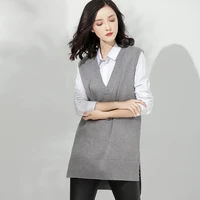 2021 new mid length knitted sweater vest women cottagecore solid color v neck loose casual sweater vest spring autumn sleeveless