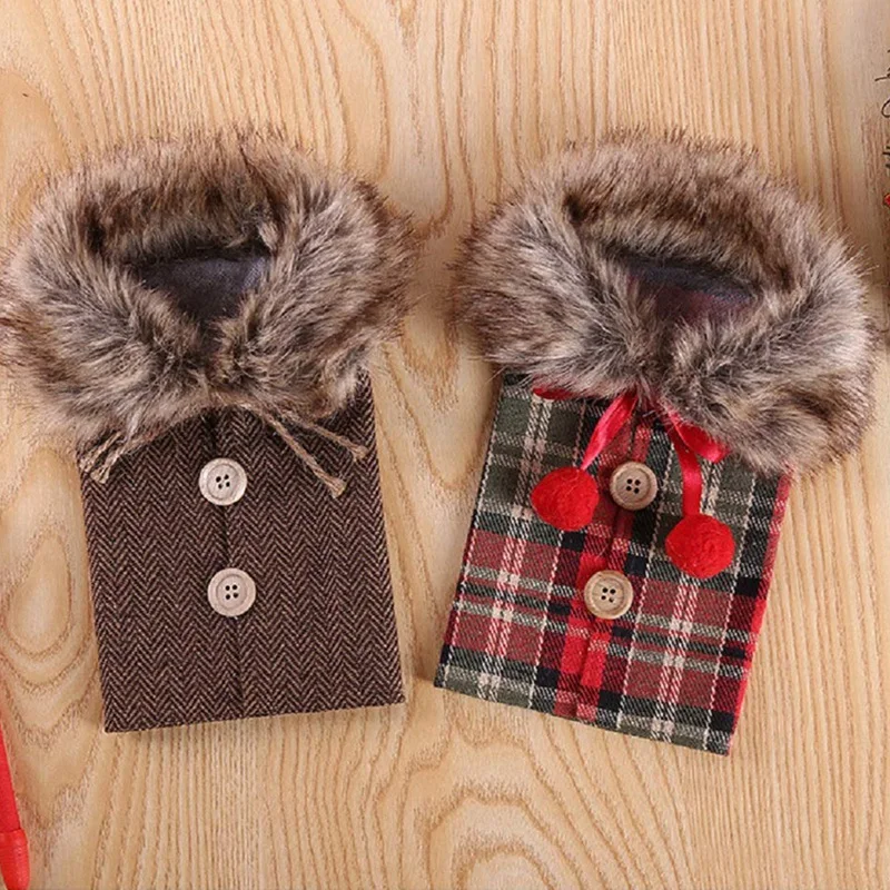 Best 2Pcs Christmas Sweater Wine Bottle Cover, Newest Collar and Button Coat Design Wine Bottle Sweater Wine Bottle Dress Sets X
