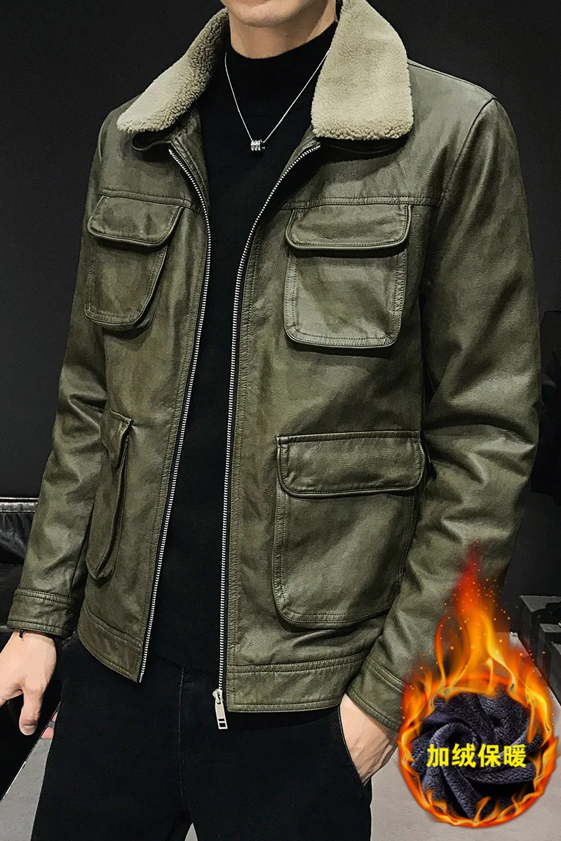Мужская кожаная Модная приталенная Корейская зимняя куртка с меховым воротником