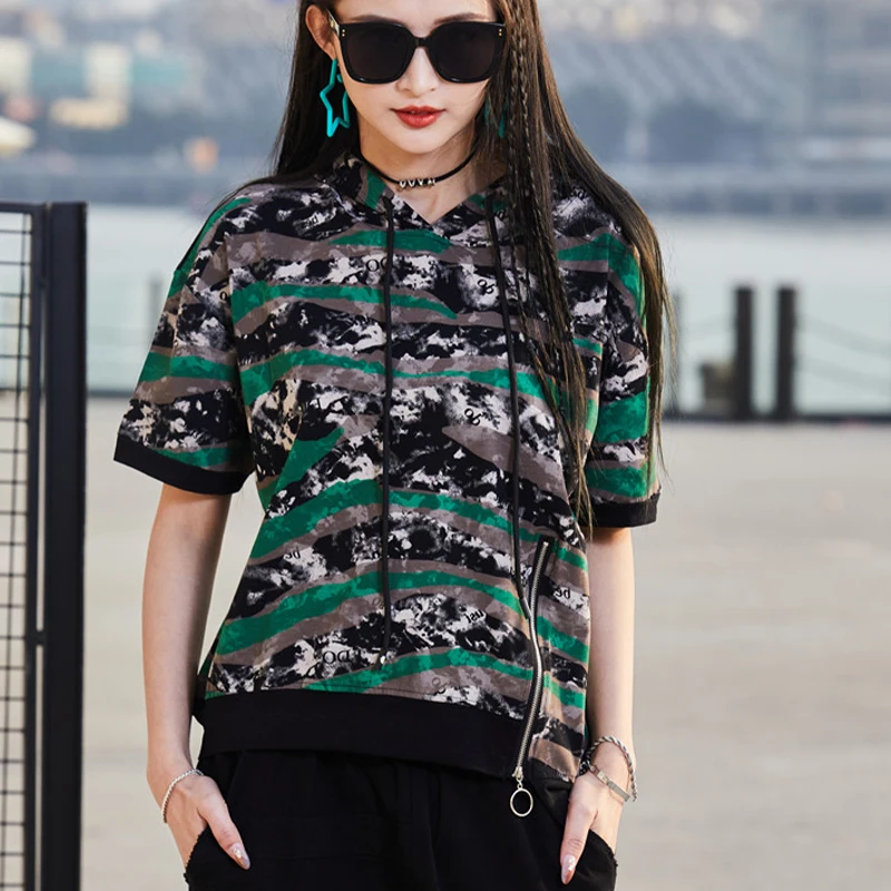 

Max LuLu 2021 Fashion Designer Summer Ladies Striped Printed Tees Womens Loose Hooded Tshirts Female Punk Style Oversized Tops