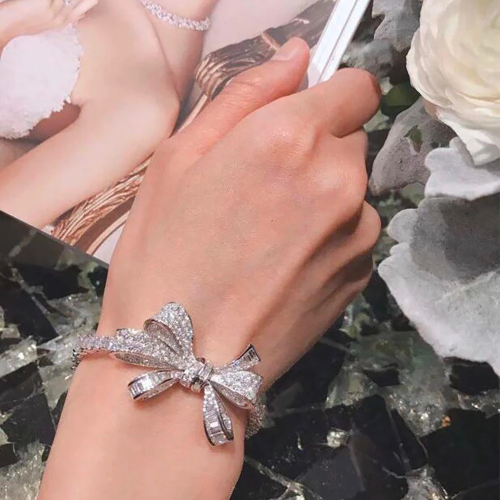 

Trendy 100% 925 Sterling Silver High Carbon Diamond Bowknot Bracelets for Women Patry Wedding Silver S925 Charm Bracelet Jewelry