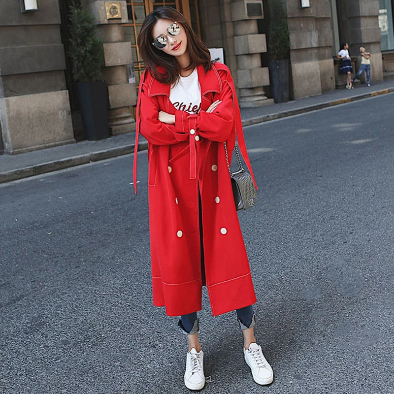 2020 spring Autumn Casual Double breasted Simple Classic Long Trench coat women red/black Chic Female windbreaker FY32 | Женская одежда