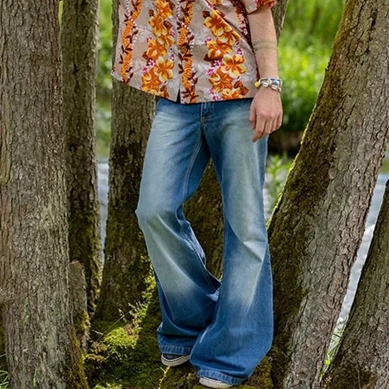 

Jeans Men High Waist Wide Leg Pants Streetwear Mens Bottoms Spring Autumn Flared Long Biker Motorcycle Jean Pant Trousers Blue