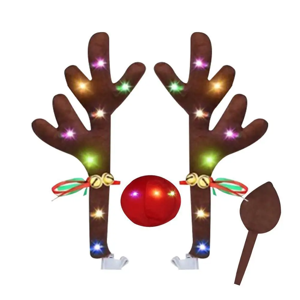 

Рождественское украшение для автомобиля, светодиодные светящиеся рога, олень, олень, рог, красный нос, милый автомобильный рог, костюм, аксе...