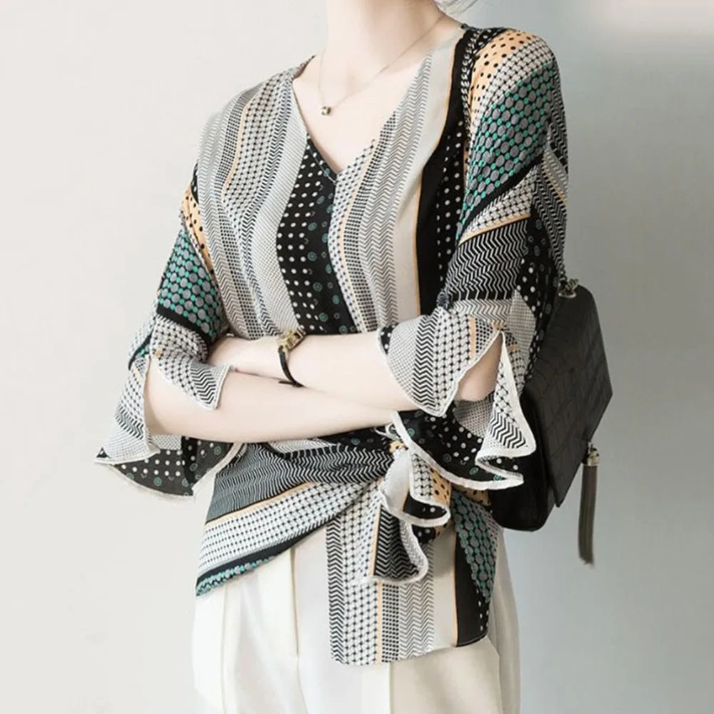 Винтажные топы и блузки с принтом корейские шикарные офисные дамские 2020 Летние