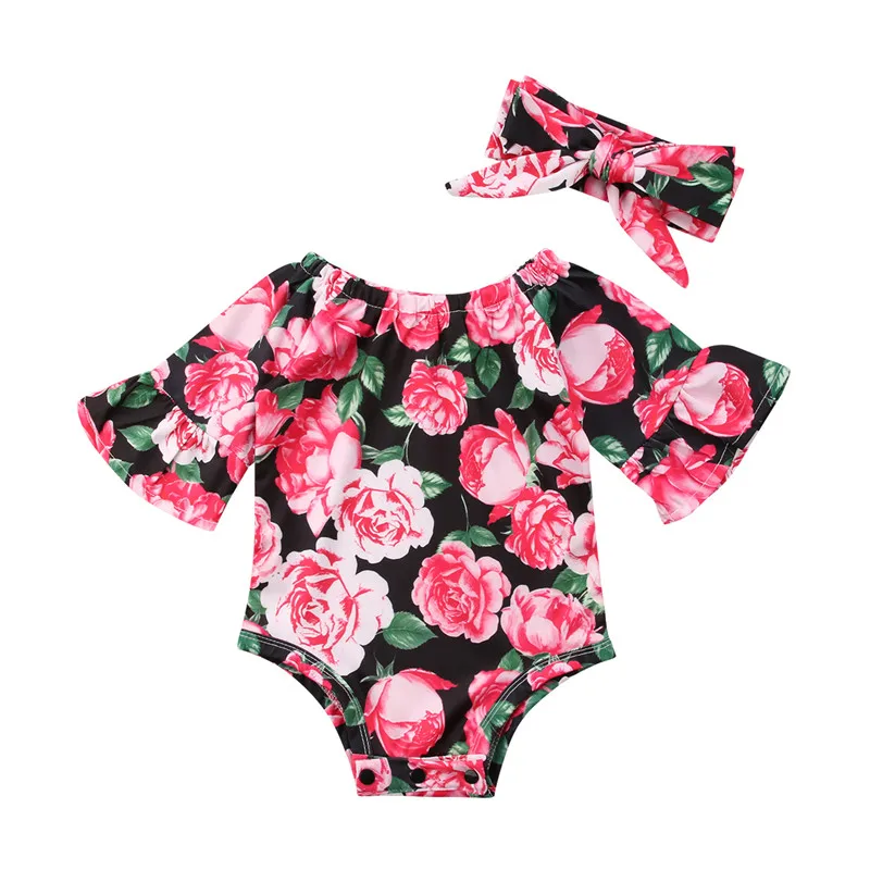 

AA Summer Newborn Toddler Baby Girls Rose Floral Bodysuit Infant Short Sleeve Jumpsuit Clothes