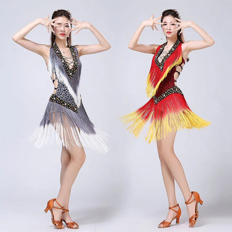 

Women Latin Dance Dress Sexy Deep V-Neck Leopard Print Intensive Gradient Tassel Straps Beauty Back Dresses