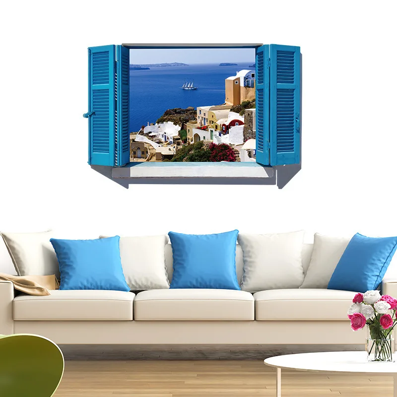 

Removable 3D wall sticker Mediterranean Blue false window landscape bedroom living room PVC waterproof decoration sticker
