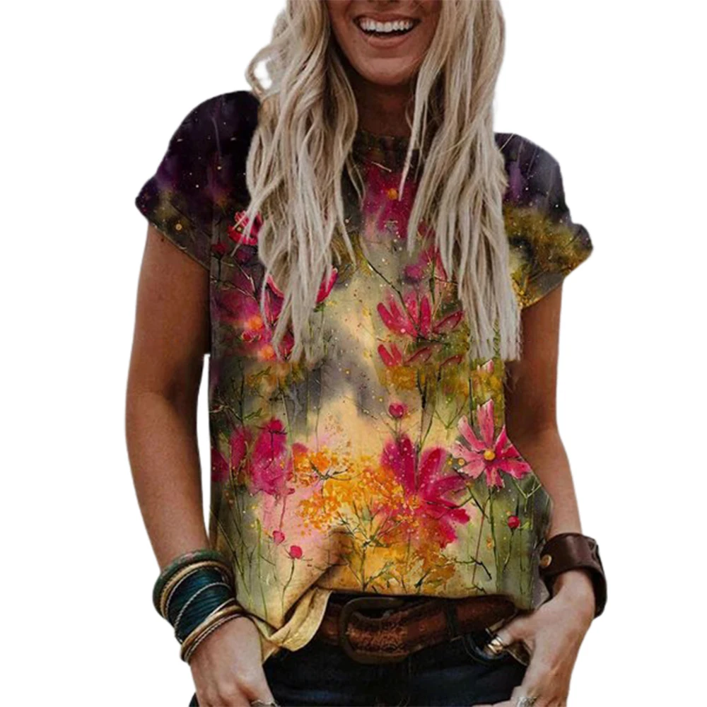 

Футболка женская с цветочным принтом, повседневный топ с радужным принтом и круглым вырезом, Свободный Топ, повседневная одежда, 2021