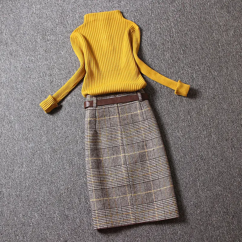 

With Belt 2020 Autumn Winter Fashion Woolen Tartan Skirt for Women High Waist Split Woman Skirts Mujer Faldas Saias Mulher