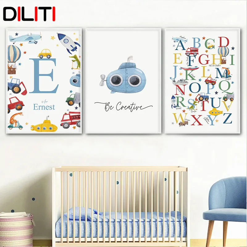 

Custom Name Poster for Baby Boy Nursery Room Wall Art Rocket Airplane Truck Alphabet Canvas Painting Nordic Print Pictures