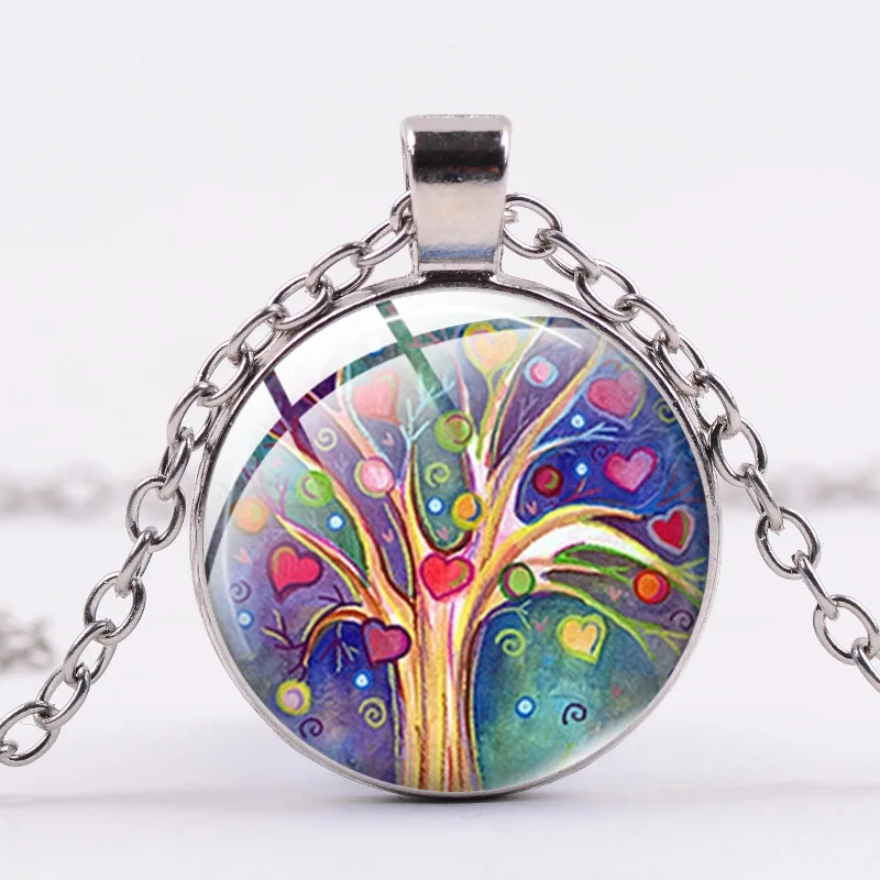 

Tree of Life Cabochon Glass Pendant Statement Necklace Fashion Sweater Chain Charm Steampunk Jewelry Accessories Creative Gifts