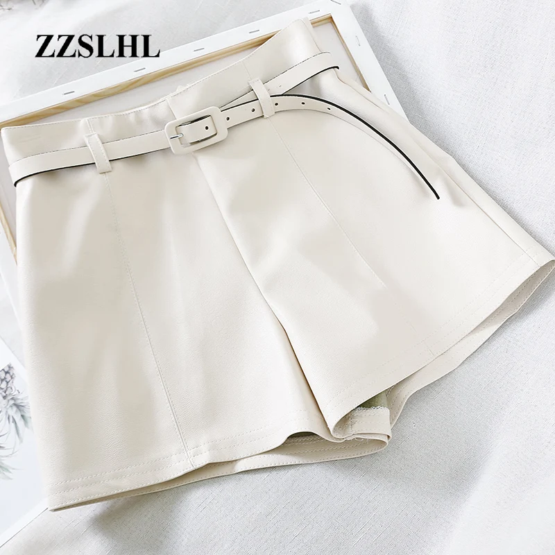 

Casual PU Leather Shorts For Women High Waist Sashes Wide leg Shorts 2019 Spring Summer Loose Elastic Waist Leather Shorts