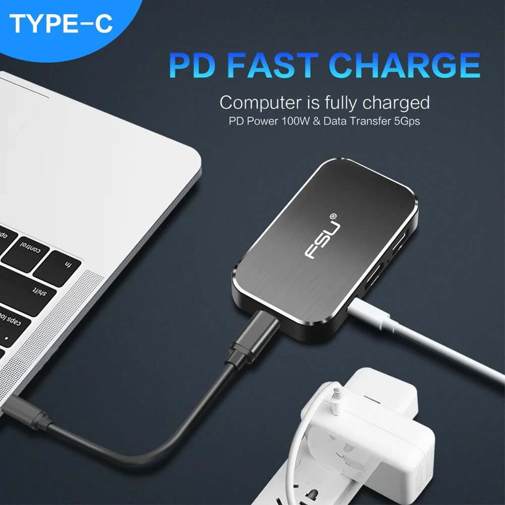 Usb-концентратор FSU 4K 60HZ USB C на HDMI адаптер 100W зарядка PD 3USB 3 0 разъем для MacBook huawei mate 20