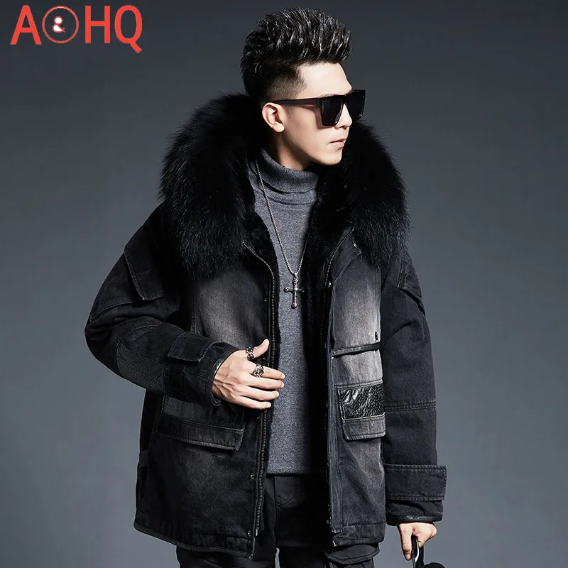 

Men's Denim Jacket Winter Jackets for Men Fashion Real Rabbit Fur Coat 100% Raccoon Eur Collar Parka Chaquetas LXR842