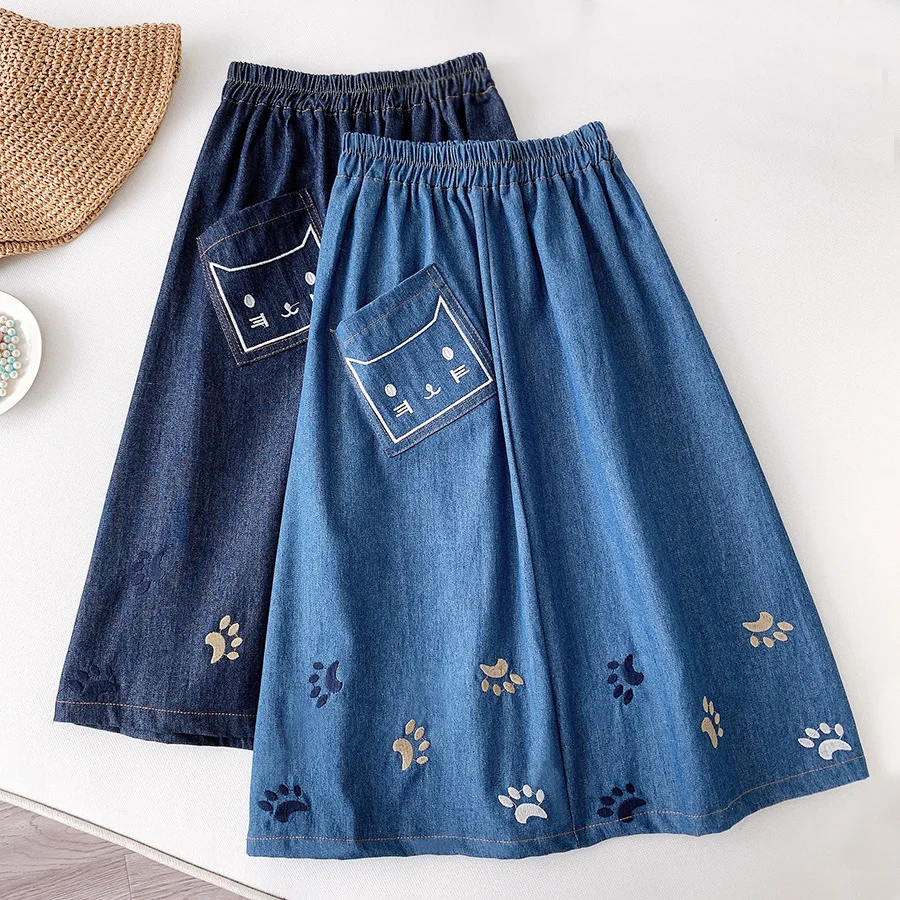 

Cute Cat Paw Pocket Blue Button Up Casual A Line Denim Long Skirts Womens Spring Autumn High Waist Elegant Midi Jeans Skirt